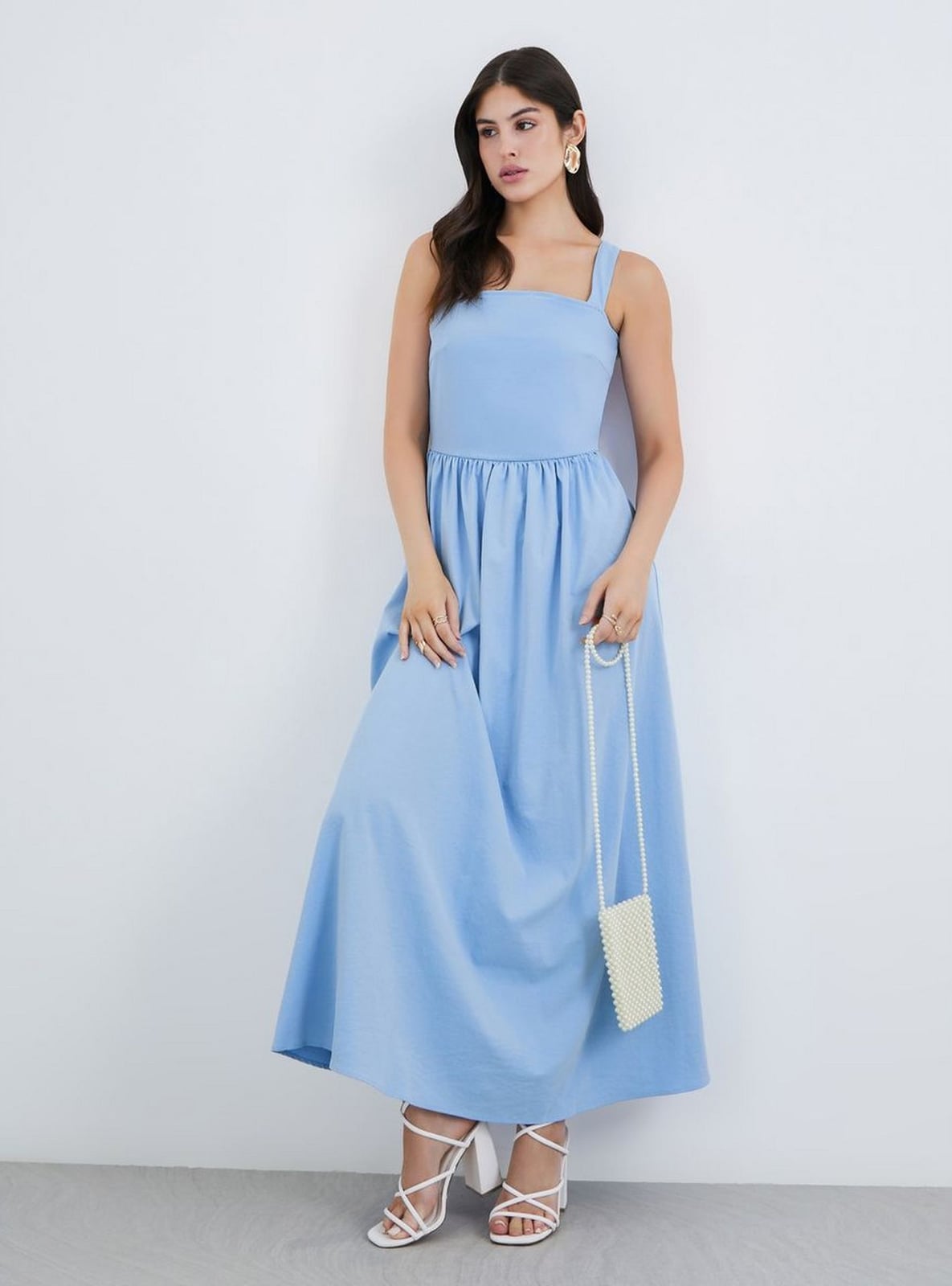 Light Blue Cotton A-line Maxi Dress With Square Neckline — Simple a Line Dresses