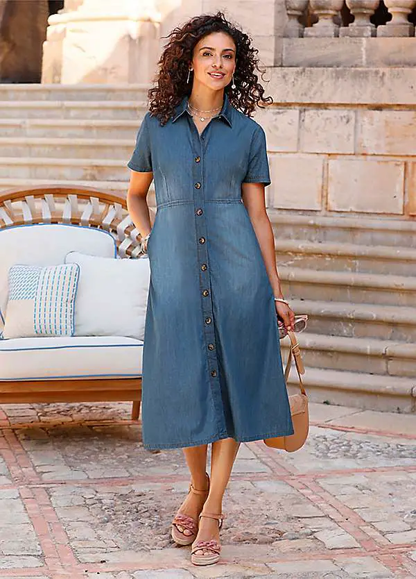 Blue Denim A-line Midi Dress With Button-Down Front — Simple a Line Dresses