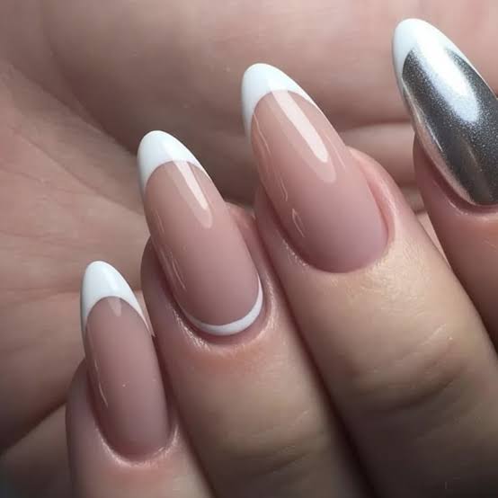 Pearl Accented White French Tip Almond Pearl Accented White French Tip Almond — Simple Almond French Tip Nails