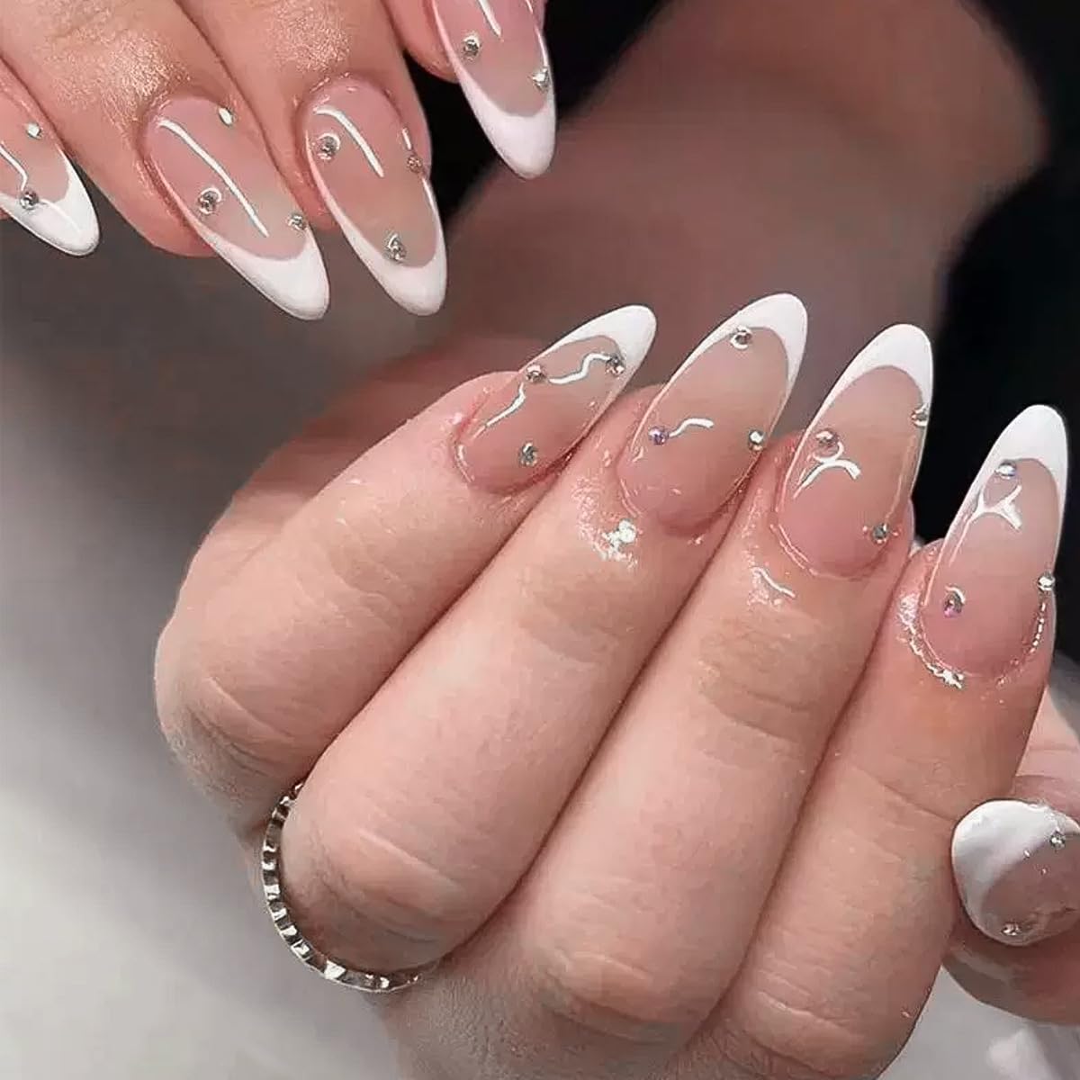 Rhinestone White French Tip Almond Rhinestone White French Tip Almond — Simple Almond French Tip Nails