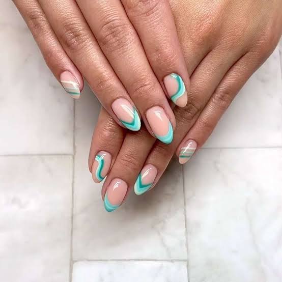 Teal Blue Abstract Line French Almond Teal Blue Abstract Line French Almond — Simple Almond French Tip Nails