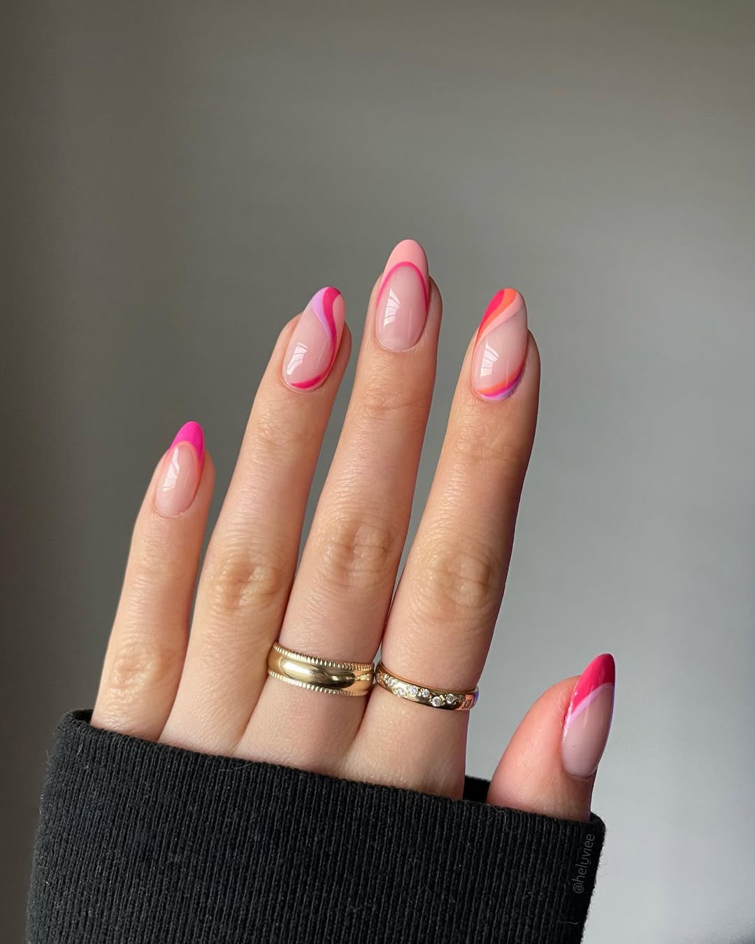 Wavy Pink Orange French Tip Almond Wavy Pink Orange French Tip Almond — Simple Almond French Tip Nails