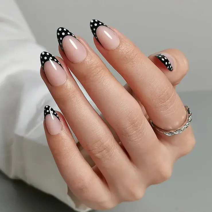 Polka Dot Black French Tip Short Almond Polka Dot Black French Tip Short Almond — Simple Almond French Tip Nails