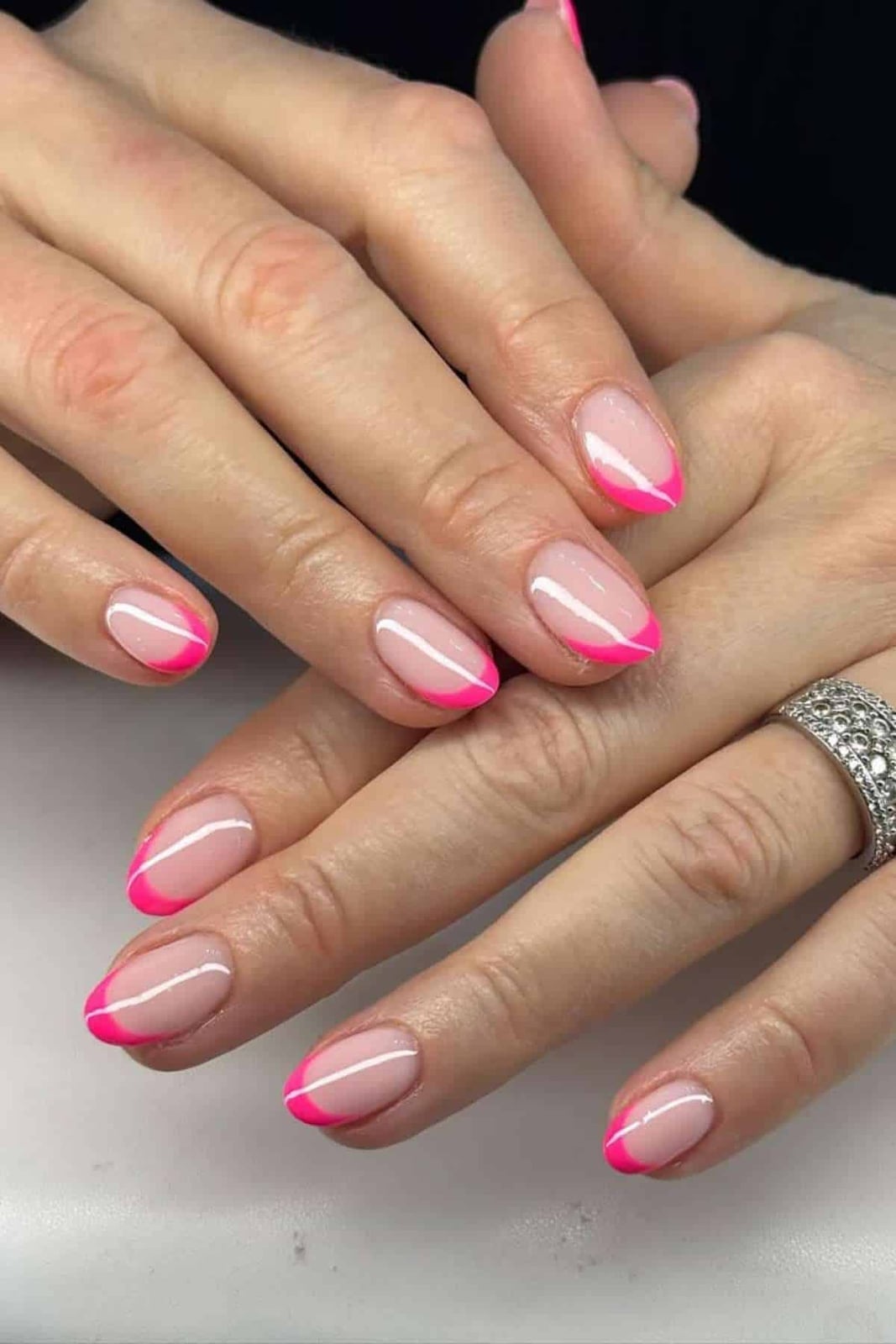 Hot Pink French Tip Star Accent Almond Hot Pink French Tip Star Accent Almond — Simple Almond French Tip Nails