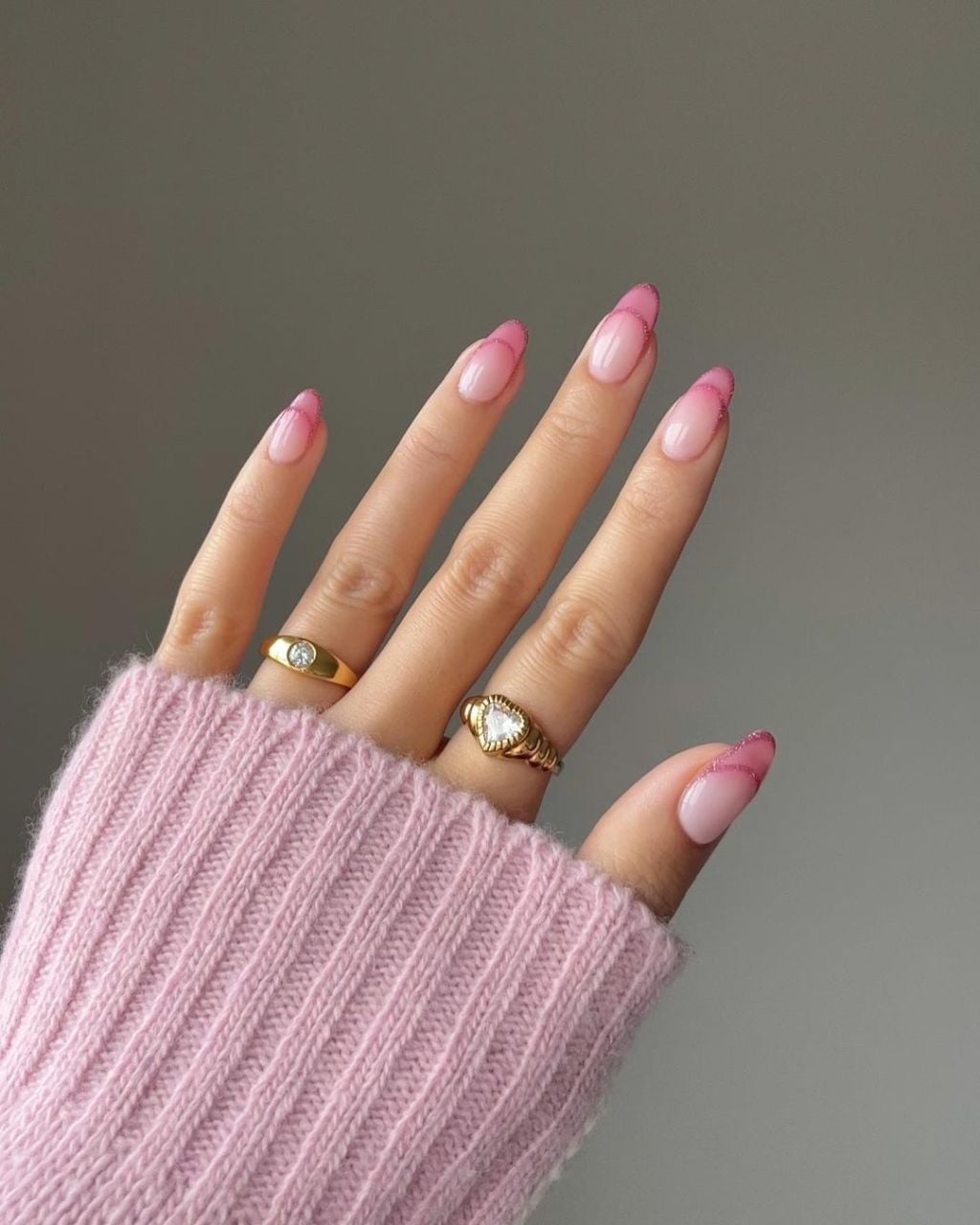 Pink Glitter French Tip Medium Almond Pink Glitter French Tip Medium Almond — Simple Almond French Tip Nails