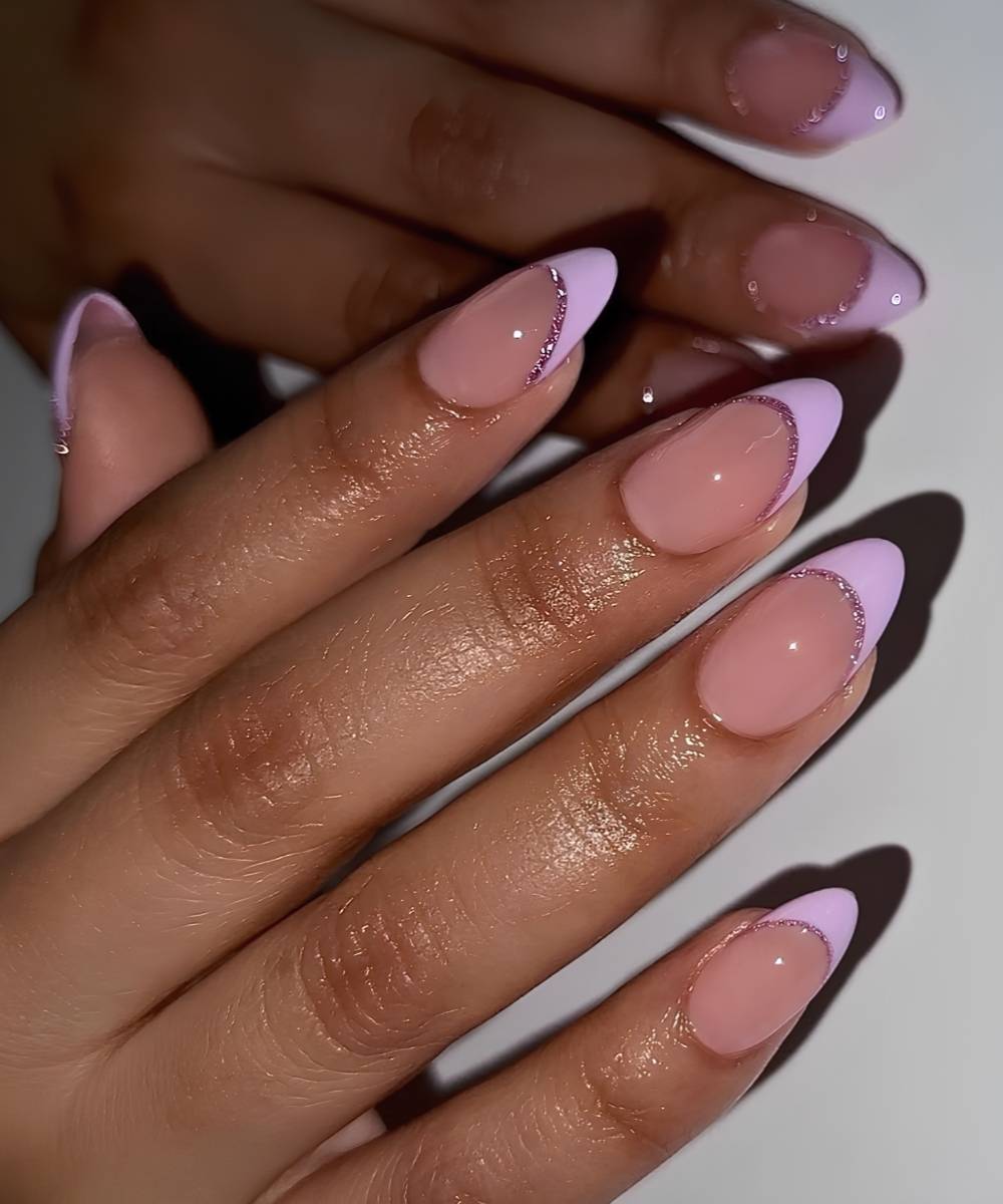 Glitter Accent Lavender French Tip Almond Glitter Accent Lavender French Tip Almond — Simple Almond French Tip Nails