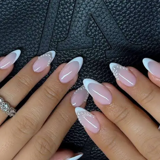 Matte White Dot Accent French Almond Matte White Dot Accent French Almond — Simple Almond French Tip Nails