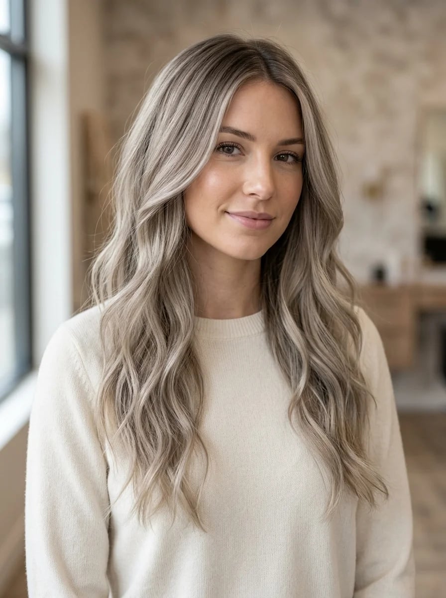 Mid-Back Length Ash Blonde With Face-Framing Layers Mid-Back Length Ash Blonde With Face-Framing Layers — Simple Ash Blonde