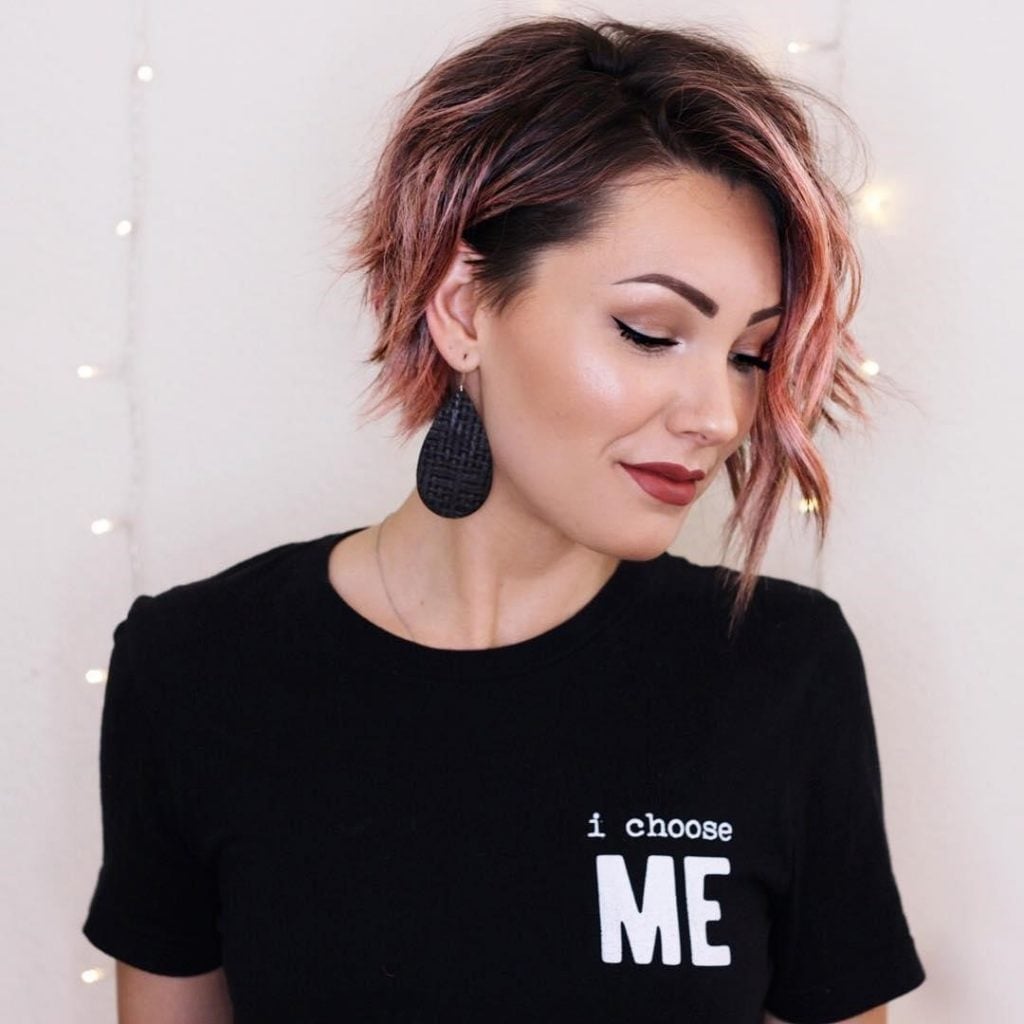 Dark Brown Bob With Pink Highlights, Chin Dark Brown Bob With Pink Highlights, Chin — Simple Asymmetrical Bob