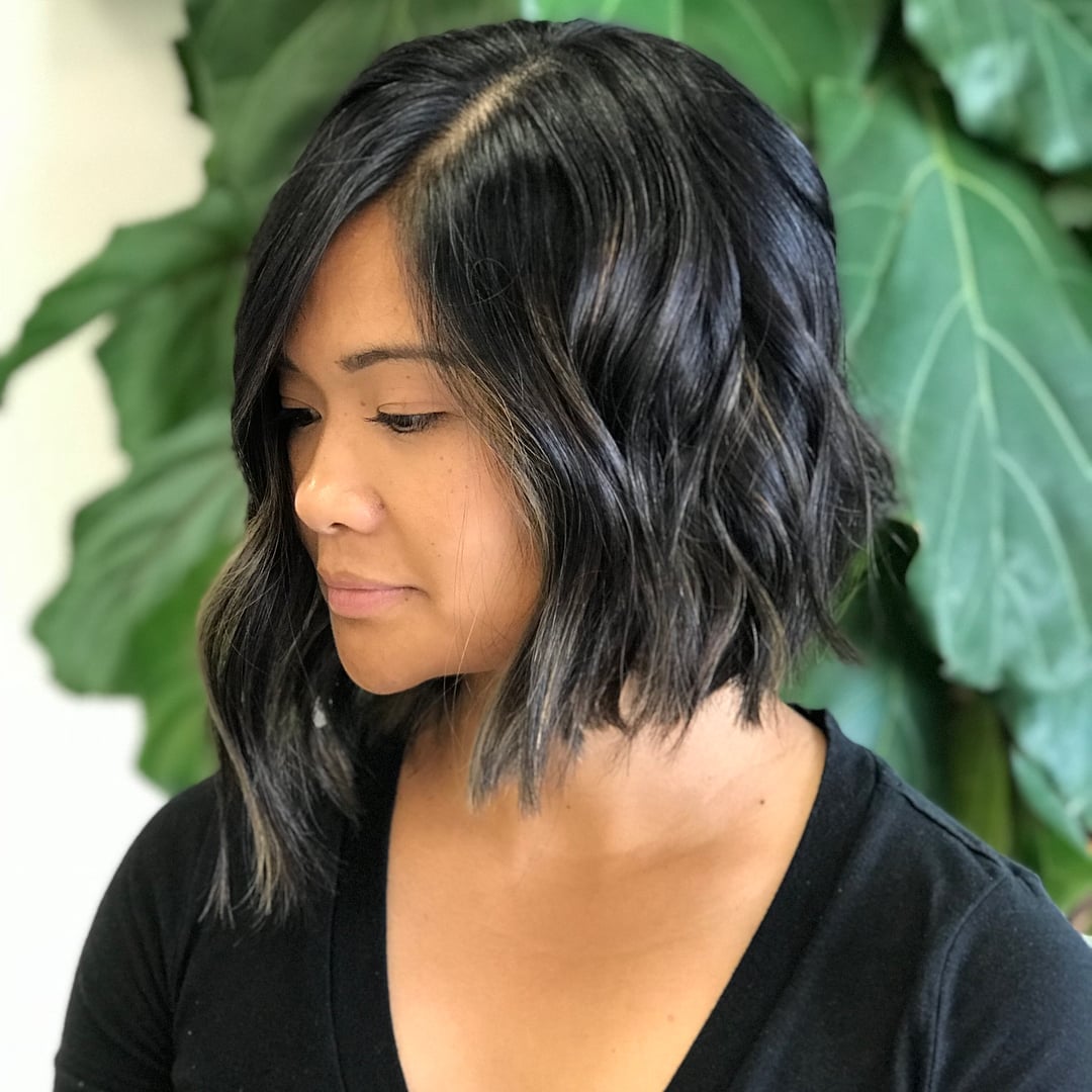 Dark Brown Bob With Blonde Balayage, Collarbone Dark Brown Bob With Blonde Balayage, Collarbone — Simple Asymmetrical Bob