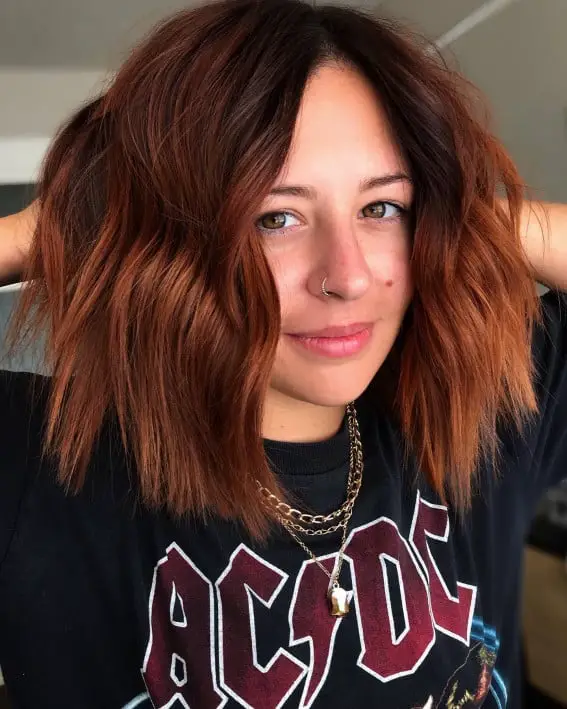 Shoulder Shag With Medium Brown Base and Auburn Highlights Shoulder Shag With Medium Brown Base and Auburn Highlights — Simple Auburn Balayage