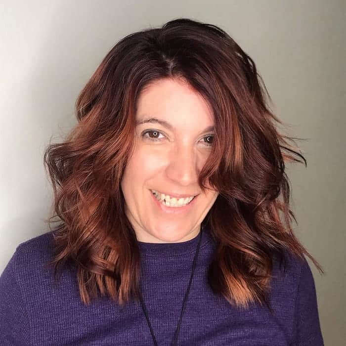 Collarbone Dark Brown With Soft Auburn Balayage and Side Swept Collarbone Dark Brown With Soft Auburn Balayage and Side Swept — Simple Auburn Balayage