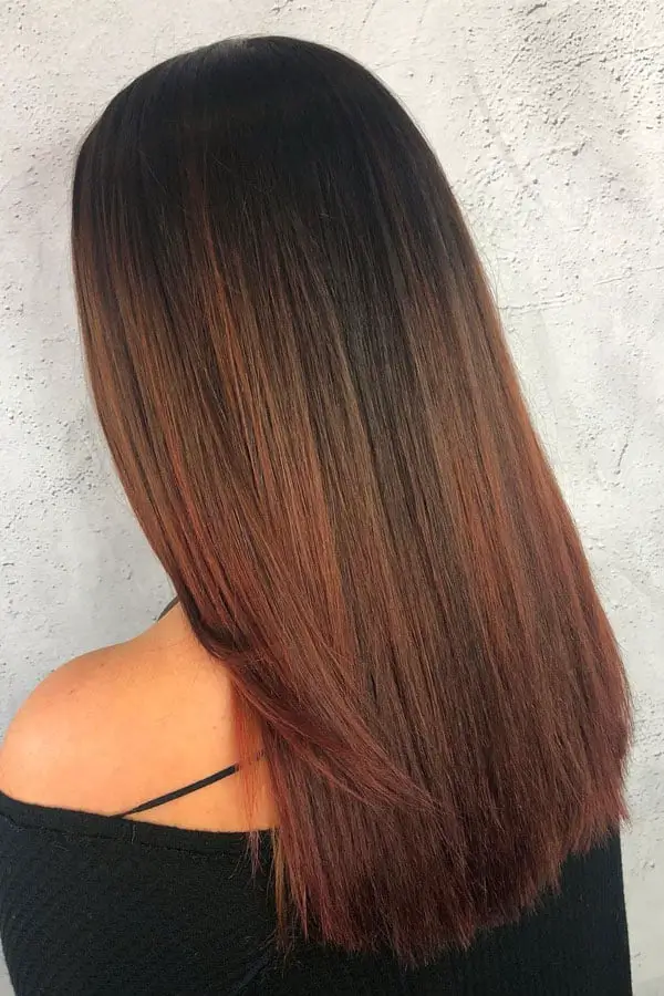 Mid-Back Auburn With Lighter Balayage Blowout and A Glossy Finish Mid-Back Auburn With Lighter Balayage Blowout and A Glossy Finish — Simple Auburn Balayage