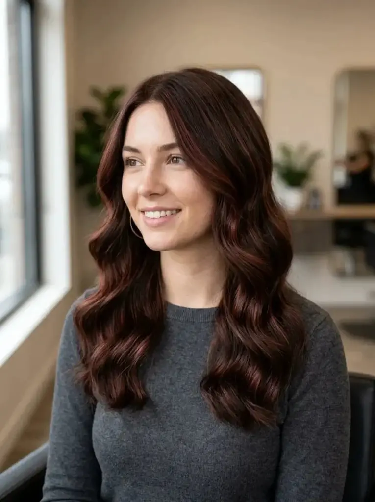 Mid-Back Wavy Blowout With Auburn Highlights Mid-Back Wavy Blowout With Auburn Highlights — Simple Auburn Highlights