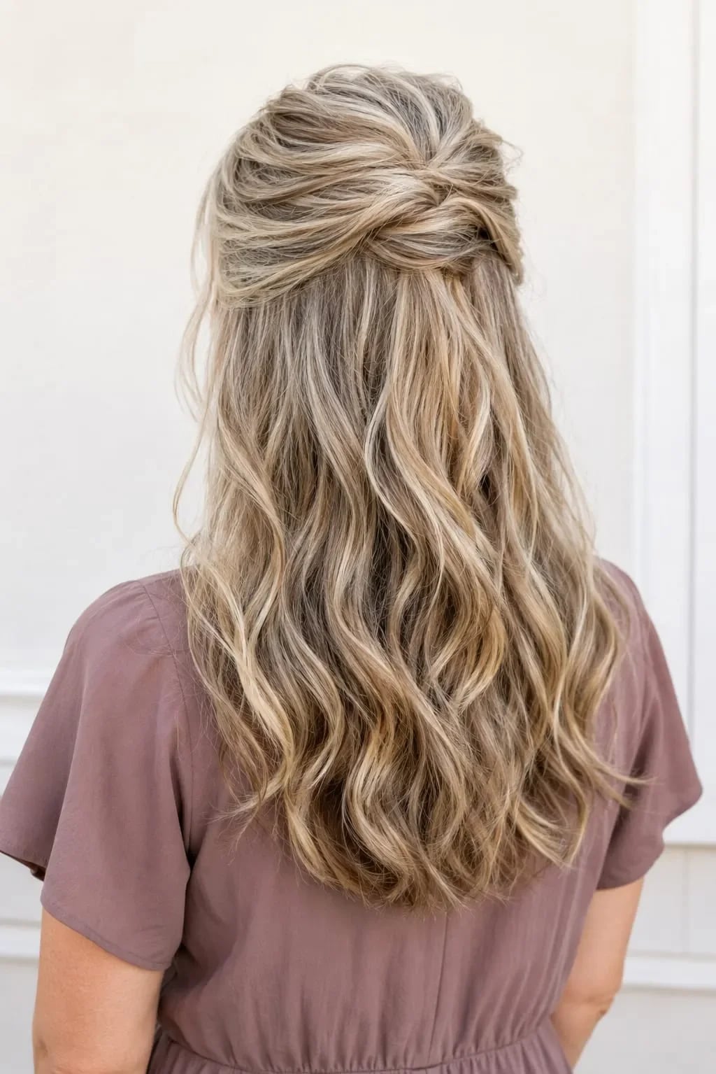 Mid-Back Half Up Twist With Highlights Mid-Back Half Up Twist With Highlights — Simple Back Haircuts