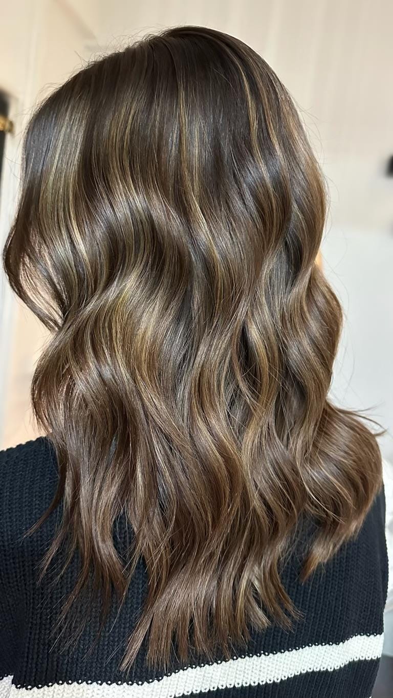 Back View Dark Brown With Caramel Balayage Highlights and Wavy Blowout Back View Dark Brown With Caramel Balayage Highlights and Wavy Blowout — Simple Balayage