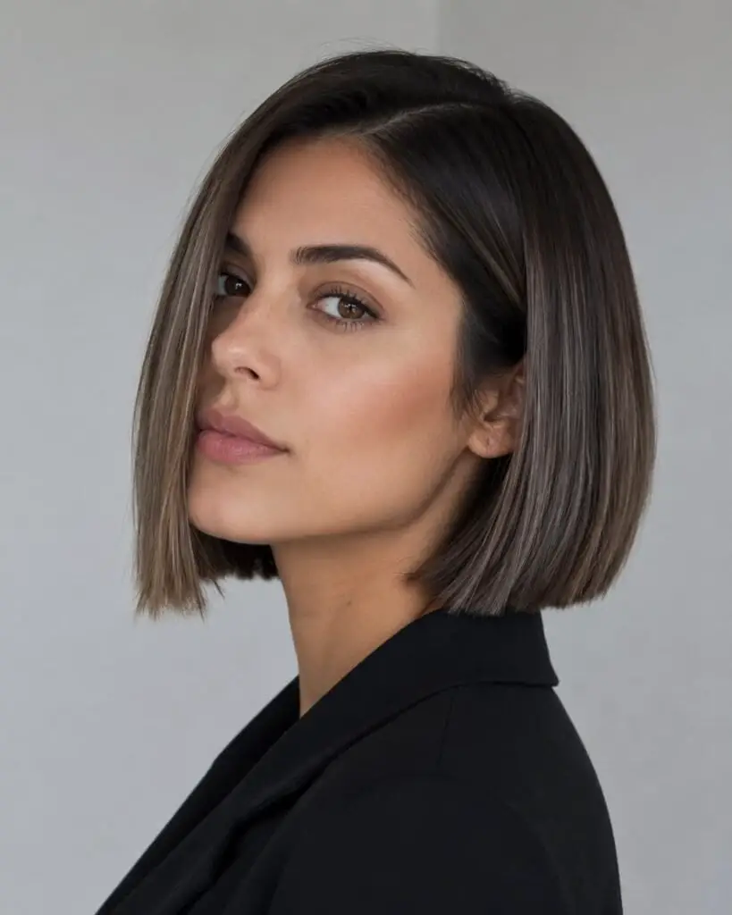 Chin Blunt Bob Dark Brown Subtle Blonde Balayage — Simple Balayage Bob