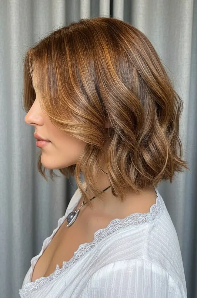 Collarbone Bob Caramel Balayage Curtain Bangs, Wavy — Simple Balayage Bob