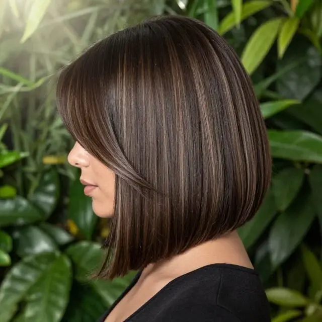 Chin Length Bob With Caramel Balayage And Side Bangs Chin Length Bob With Caramel Balayage And Side Bangs — Simple Balayage Highlights