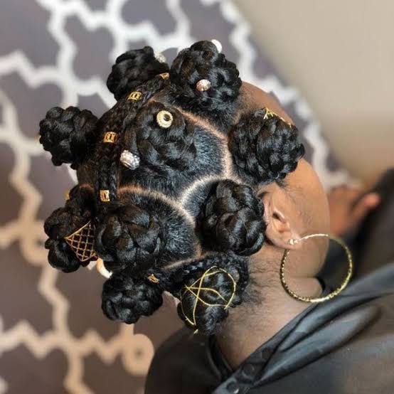 Ornate Bantu Knots with Black Jacket and Gold Embellishments Ornate Bantu Knots with Black Jacket and Gold Embellishments — Simple Bantu Knots