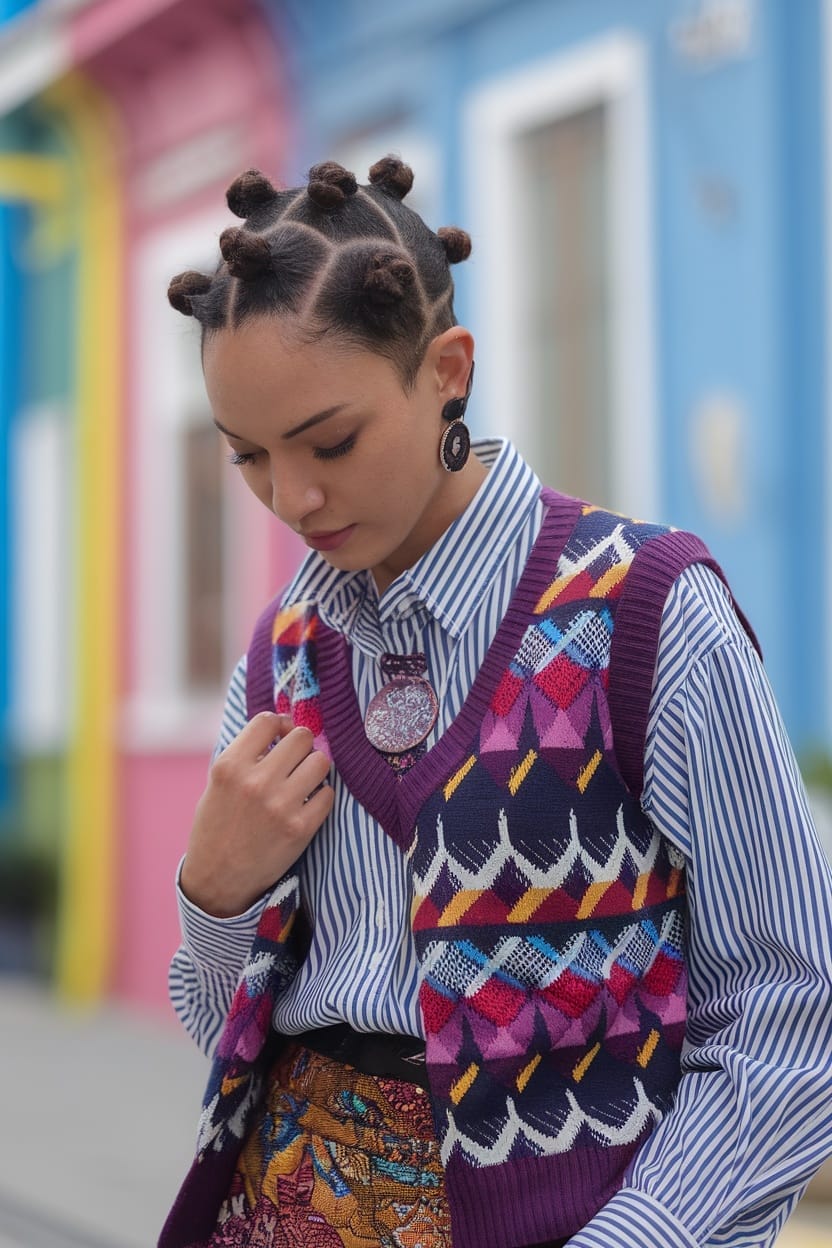 Bantu Knots with Geometric Knit Vest and Striped Shirt Bantu Knots with Geometric Knit Vest and Striped Shirt — Simple Bantu Knots