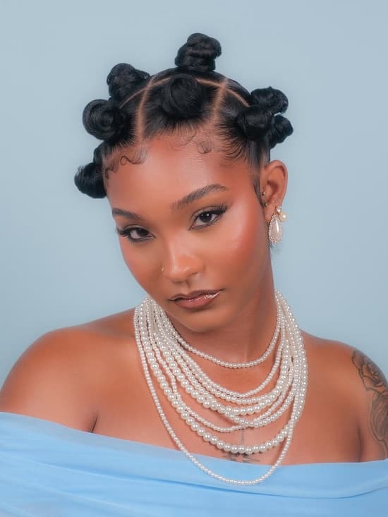 Bantu Knots with Layered Pearl Necklaces and Earrings Bantu Knots with Layered Pearl Necklaces and Earrings — Simple Bantu Knots