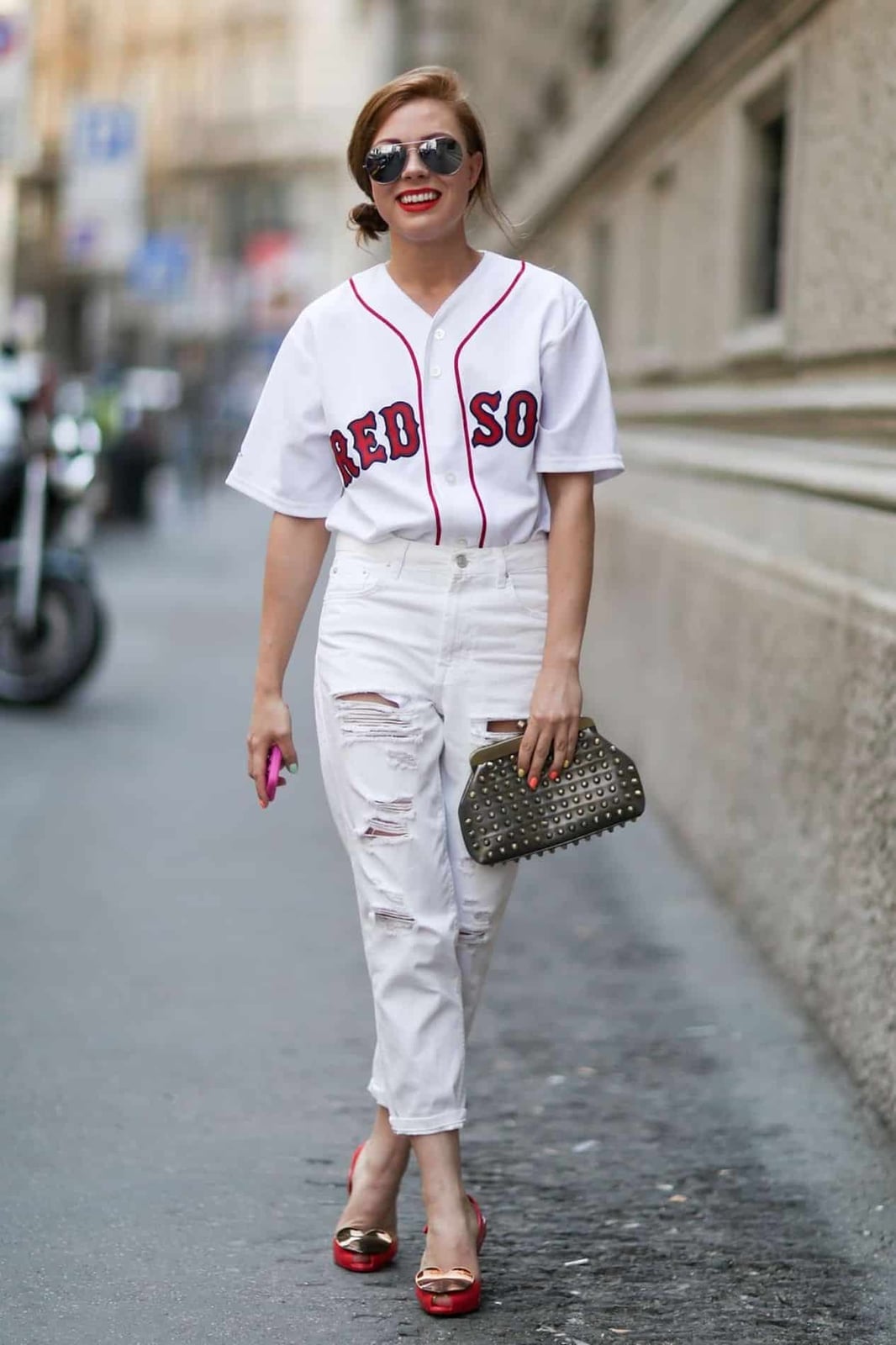 Baseball Jersey with Ripped Jeans and Red Heels Baseball Jersey with Ripped Jeans and Red Heels — Simple Baseball Game Outfits