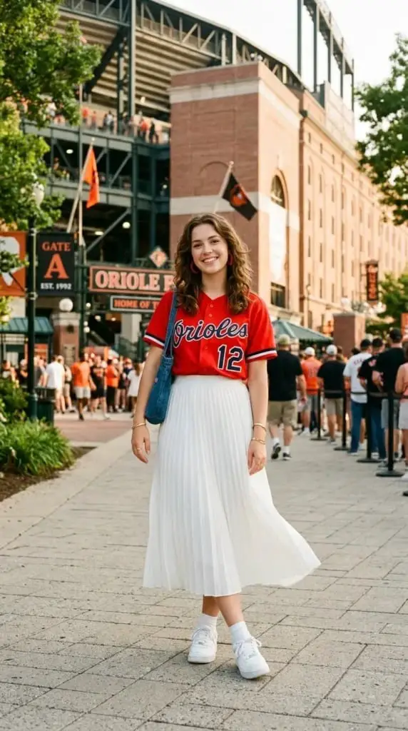 Red Baseball Jersey with Pleated Midi Skirt Red Baseball Jersey with Pleated Midi Skirt — Simple Baseball Game Outfits