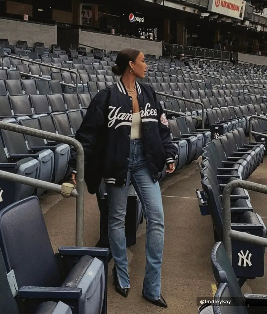 Navy and White Baseball Jacket with Straight Leg Jeans Navy and White Baseball Jacket with Straight Leg Jeans — Simple Baseball Game Outfits