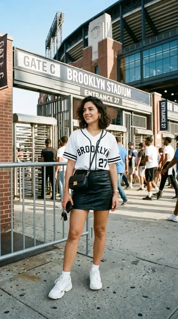 Baseball Jersey with Black Leather Mini Skirt Baseball Jersey with Black Leather Mini Skirt — Simple Baseball Game Outfits
