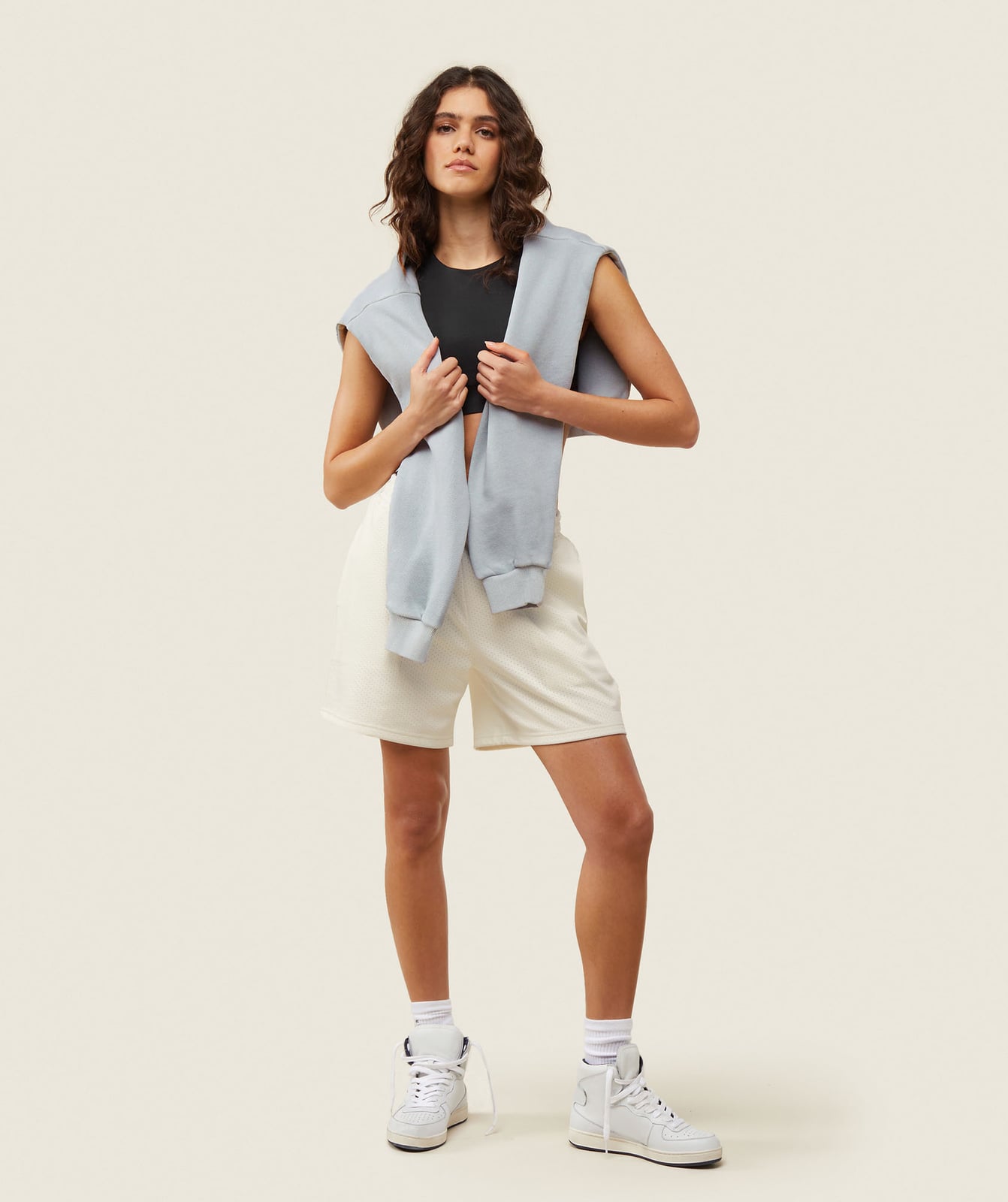 Sweatshirt Draped Over Crop Top with Terry Cloth Shorts Sweatshirt Draped Over Crop Top with Terry Cloth Shorts — Simple Basketball Game Outfits