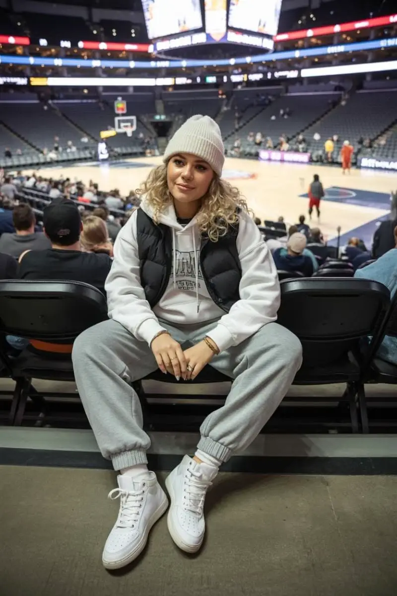 Puffer Vest Over Graphic Hoodie with Joggers Puffer Vest Over Graphic Hoodie with Joggers — Simple Basketball Game Outfits