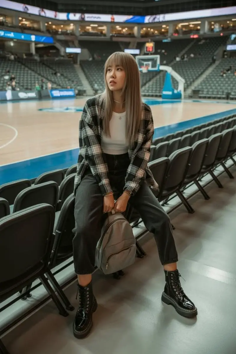 Plaid Flannel Over Tank with Combat Boots Plaid Flannel Over Tank with Combat Boots — Simple Basketball Game Outfits