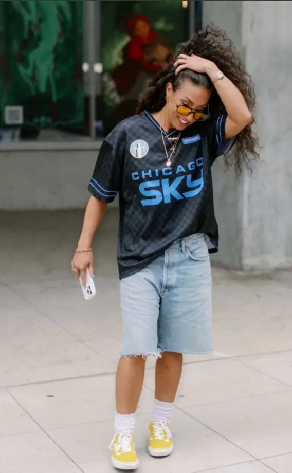 Basketball Jersey with Denim Shorts and Yellow Sneakers Basketball Jersey with Denim Shorts and Yellow Sneakers — Simple Basketball Game Outfits