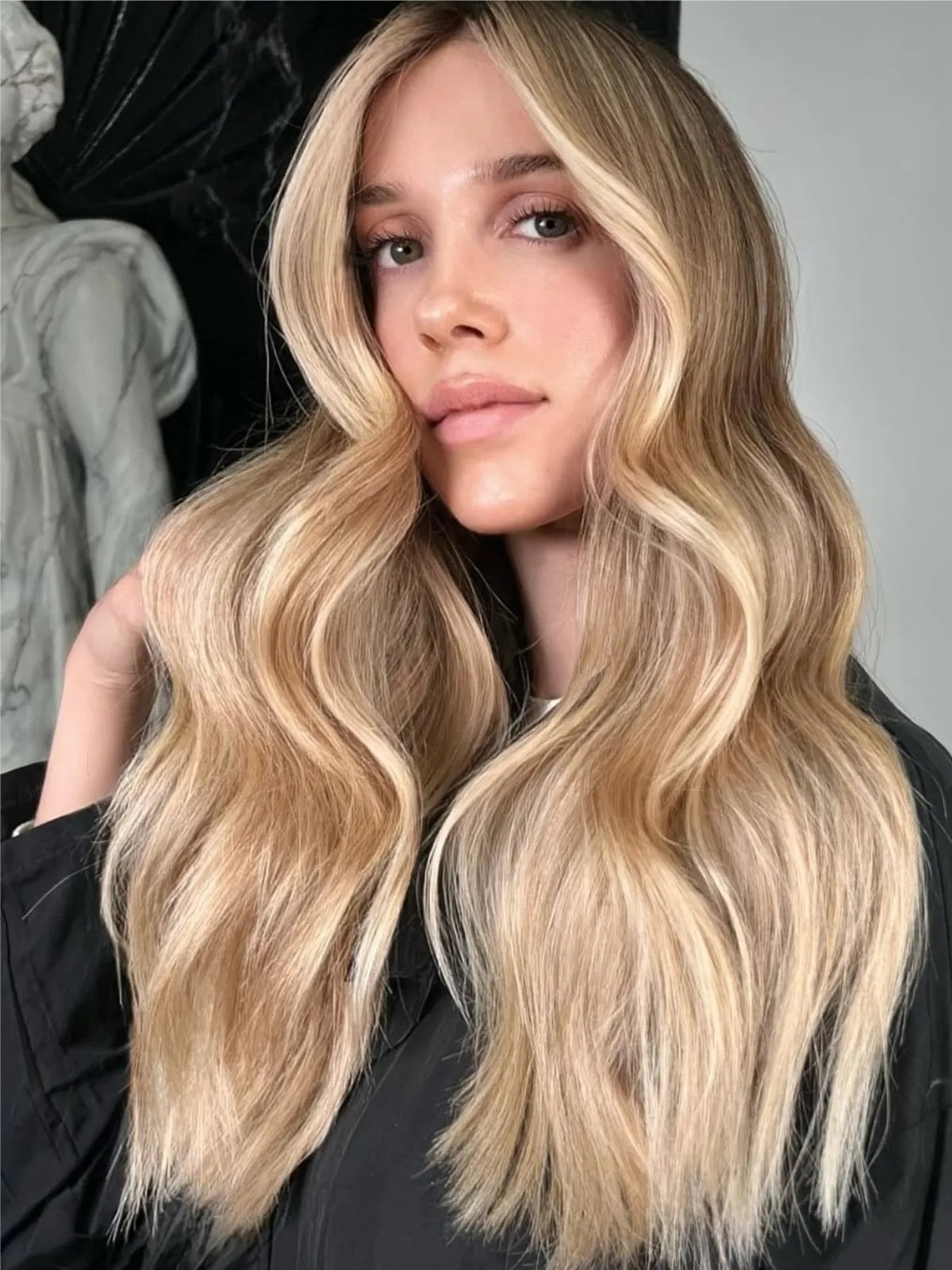 Mid-Back Warm Beige Blonde With Balayage And Waves, Wavy — Simple Beige Blonde Hair