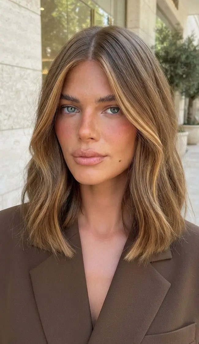 Collarbone Lob With Beige Honey Highlights Collarbone Lob With Beige Honey Highlights — Simple Beige Highlights