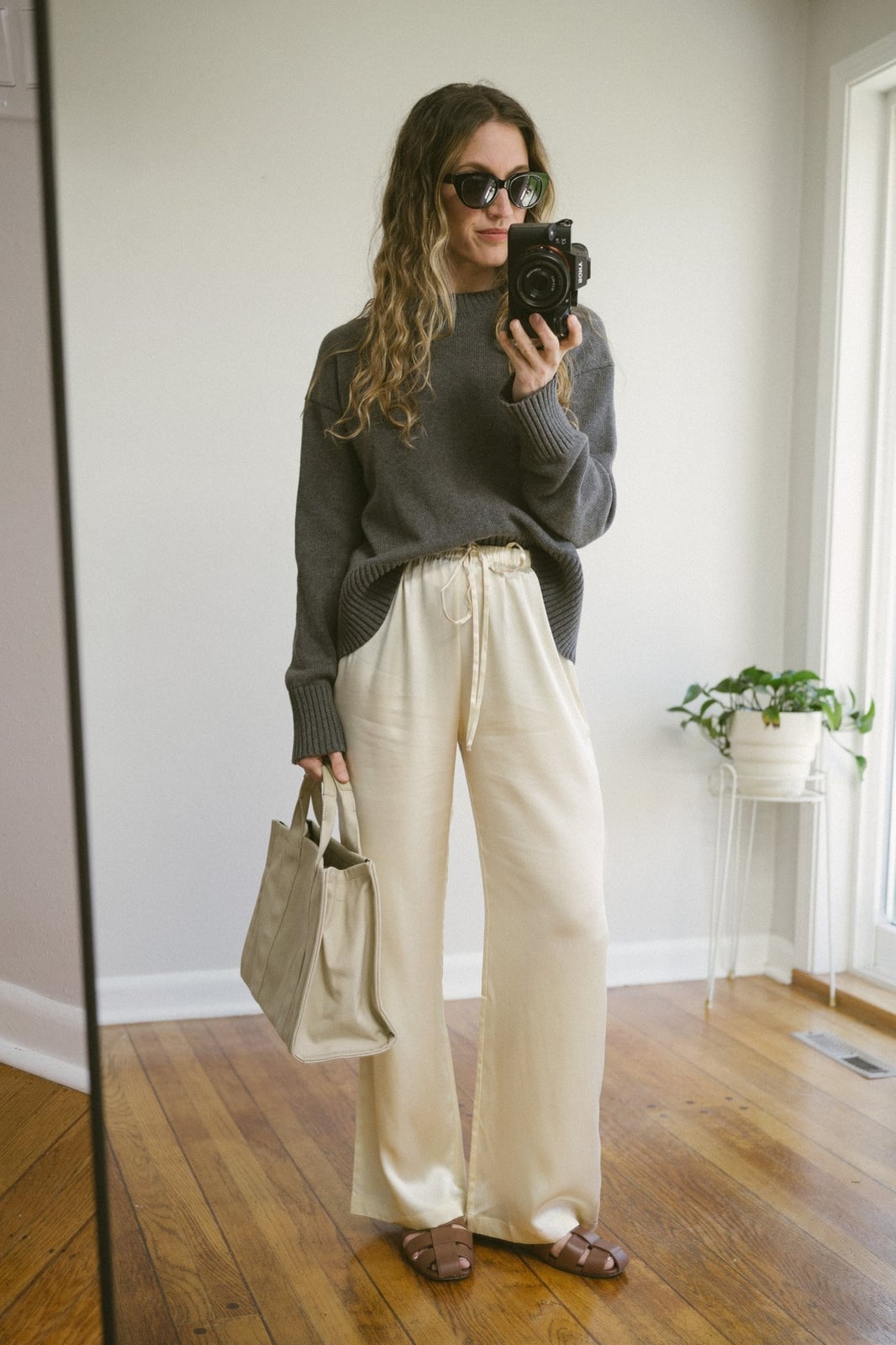 Beige Silk Blend Wide-Leg Trousers with Gray Sweater Beige Silk Blend Wide-Leg Trousers with Gray Sweater — Simple Beige Pants Outfits