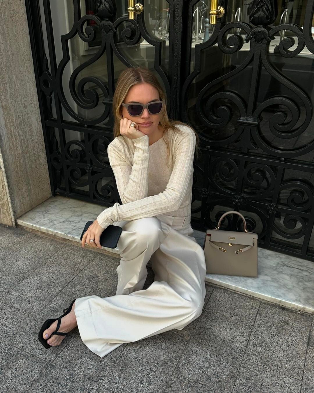 Cream Wide-Leg Trousers with Ribbed Knit Top and Black Sandals Cream Wide-Leg Trousers with Ribbed Knit Top and Black Sandals — Simple Beige Pants Outfits