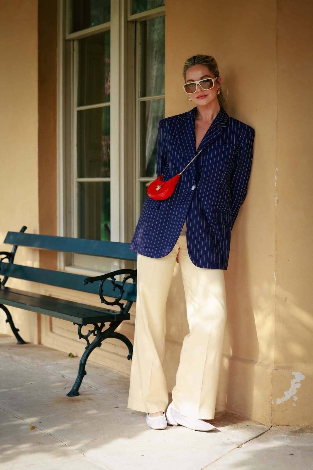 Beige Wide-Leg Trousers with Oversized Pinstripe Blazer Beige Wide-Leg Trousers with Oversized Pinstripe Blazer — Simple Beige Pants Outfits