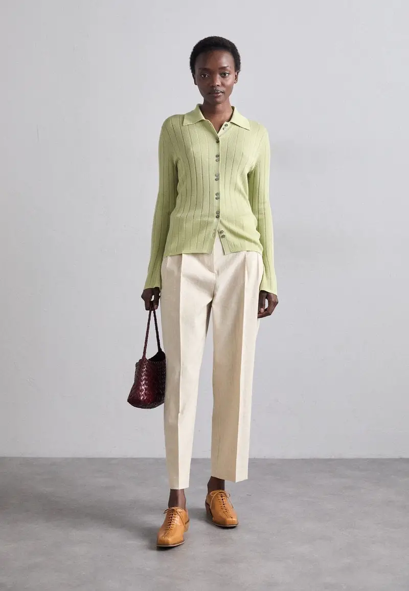 Beige Textured Trousers with Lime Green Knit Cardigan Beige Textured Trousers with Lime Green Knit Cardigan — Simple Beige Pants Outfits