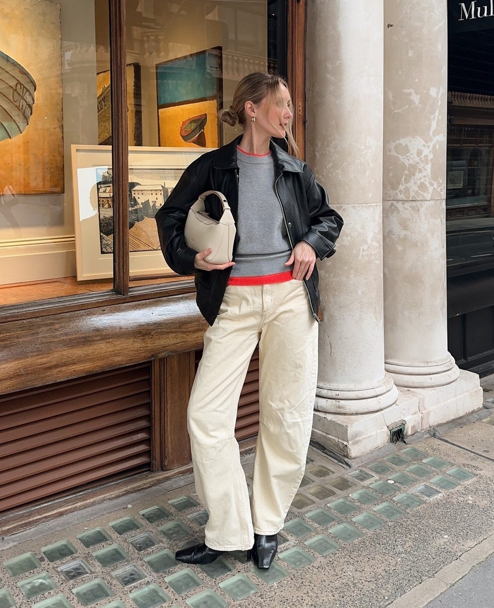 Cream Wide-Leg Trousers with Leather Jacket and Gray Sweater Cream Wide-Leg Trousers with Leather Jacket and Gray Sweater — Simple Beige Pants Outfits