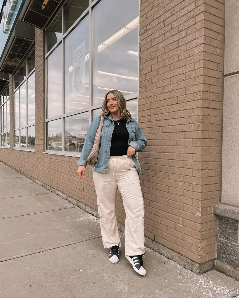 Beige Wide-Leg Cargo Pants with Denim Jacket Beige Wide-Leg Cargo Pants with Denim Jacket — Simple Beige Pants Outfits