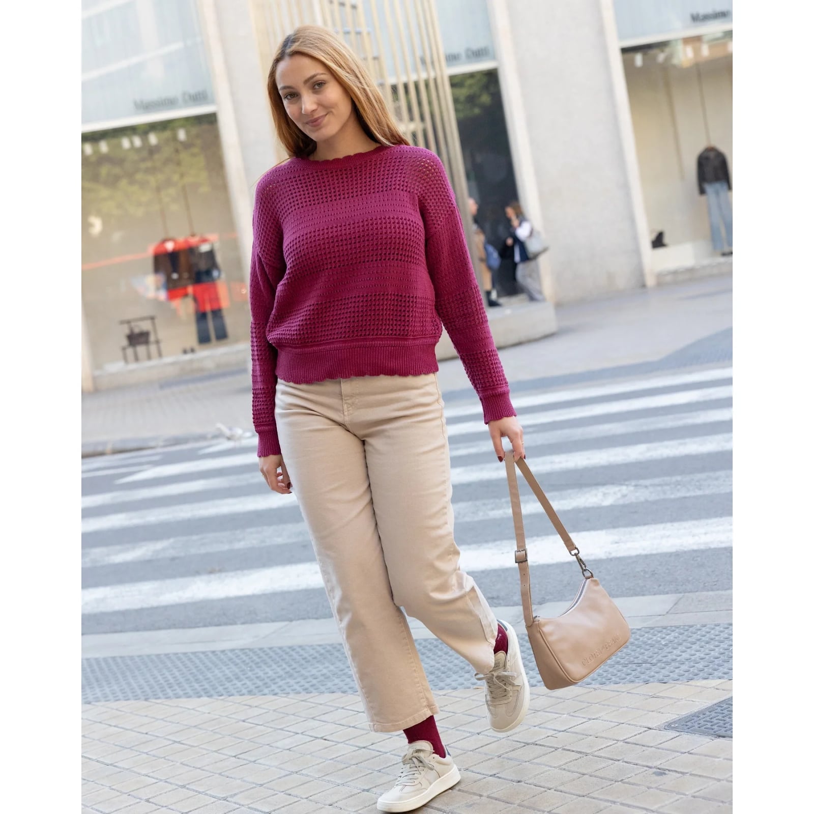 Beige Cropped Trousers with Burgundy Knit Sweater Beige Cropped Trousers with Burgundy Knit Sweater — Simple Beige Pants Outfits