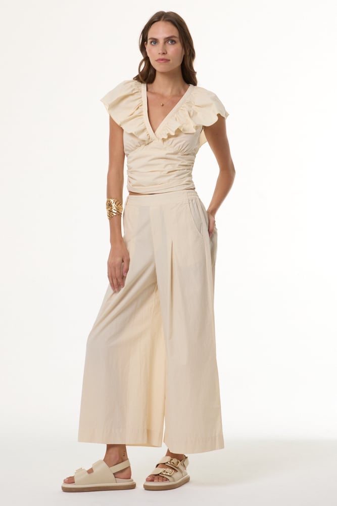 Cream Wide-Leg Trousers with Ruffled V-Neck Top Cream Wide-Leg Trousers with Ruffled V-Neck Top — Simple Beige Pants Outfits