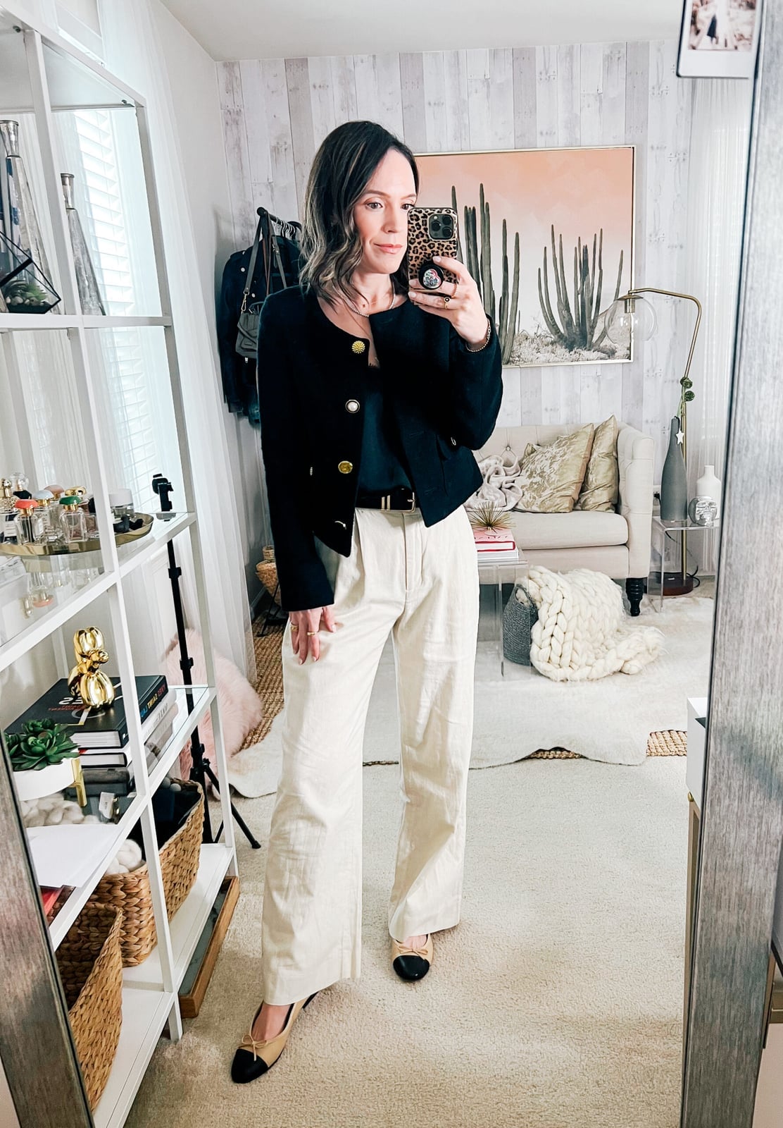 Beige Linen Trousers with Black Jacket and Dark Green Camisole Beige Linen Trousers with Black Jacket and Dark Green Camisole — Simple Beige Pants Outfits