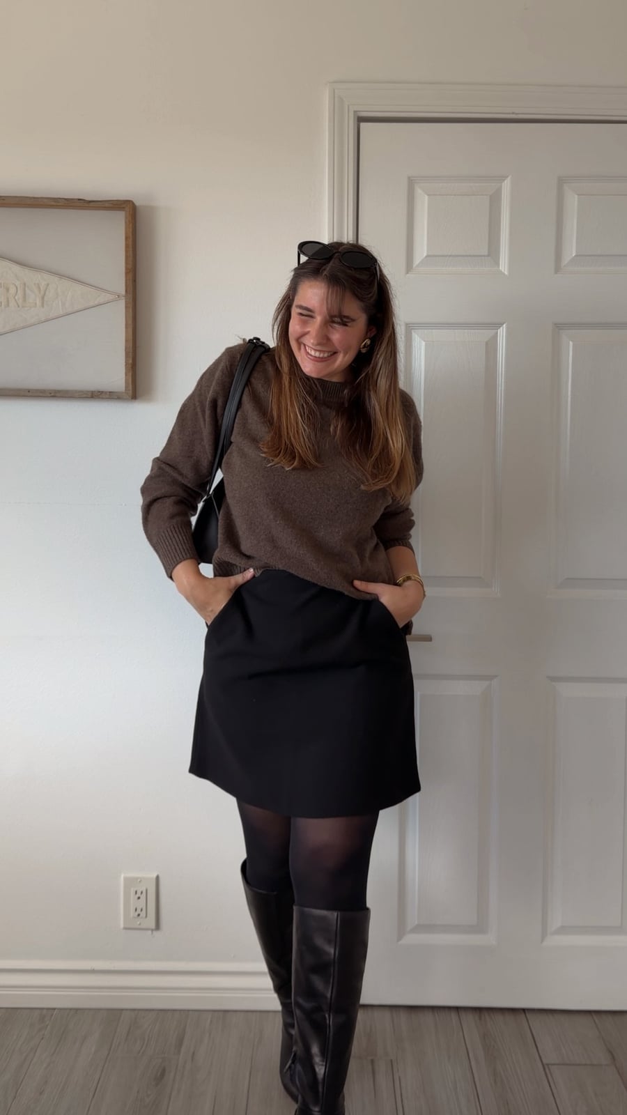 Mini Skirt Tights and Sweater with Knee-High Boots Mini Skirt Tights and Sweater with Knee-High Boots — Simple Black Boots Outfit