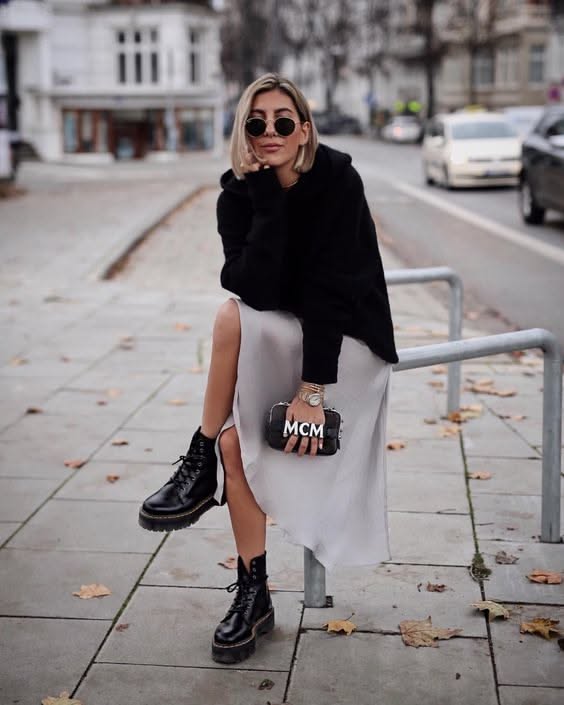 Satin Slip Dress Hoodie and Platform Combat Boots Satin Slip Dress Hoodie and Platform Combat Boots — Simple Black Boots Outfit