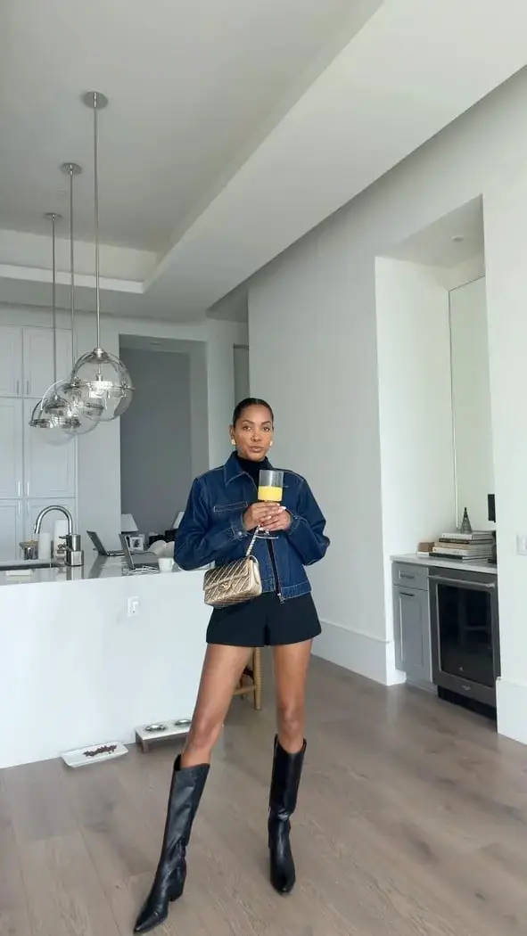Knee-High Boots Denim Jacket and Black Shorts Knee-High Boots Denim Jacket and Black Shorts — Simple Black Boots Outfit