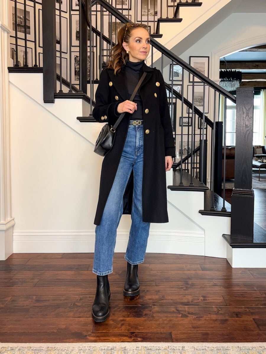 Blue Jeans and Black Coat with Leather Ankle Boots Blue Jeans and Black Coat with Leather Ankle Boots — Simple Black Boots Outfit
