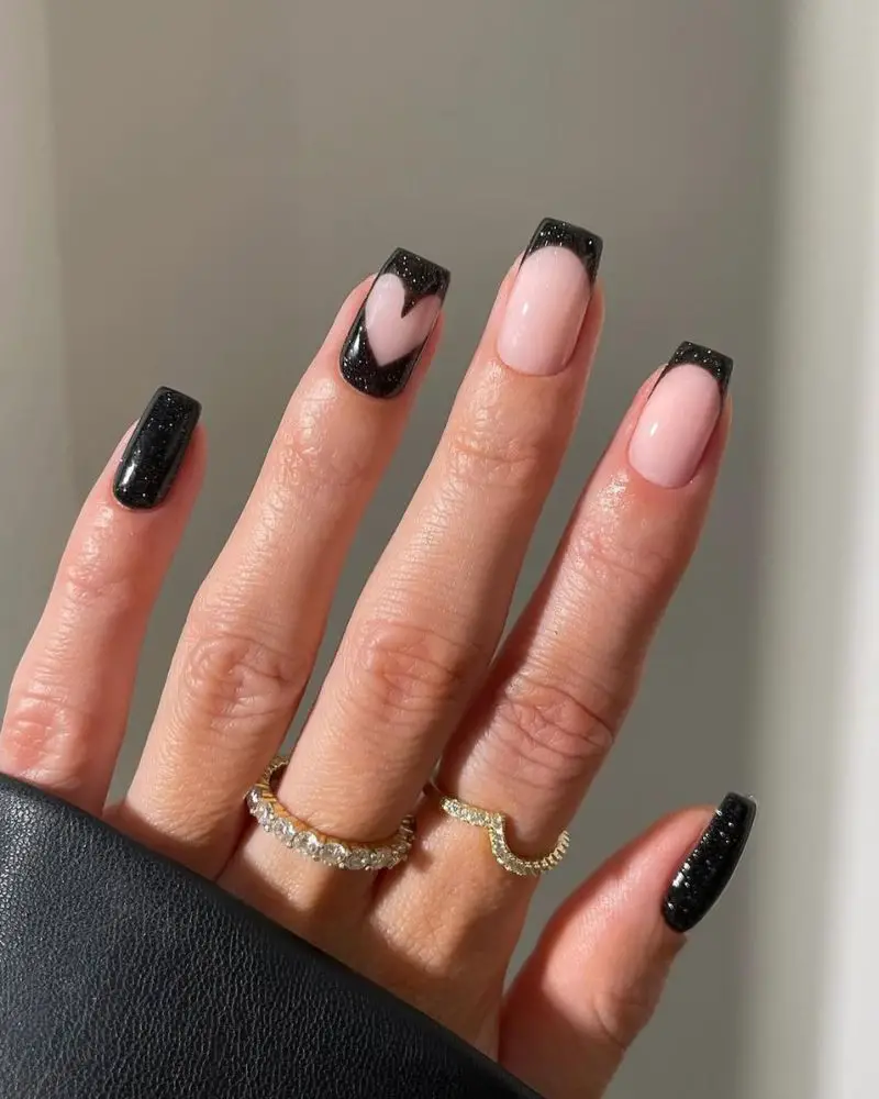 Long Square Black French Tips with Glitter Accent Long Square Black French Tips with Glitter Accent — Simple Black French Nails